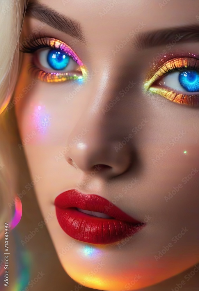 The image features a close-up of a woman with a bold makeup look, including multicolored glitter on her eyelids and lips. The woman's eyes are blue and she has blonde hair. The image features a close-up of a woman with a bold makeup look, including multicolored glitter on her eyelids and lips. The woman's eyes are blue and she has blonde hair.