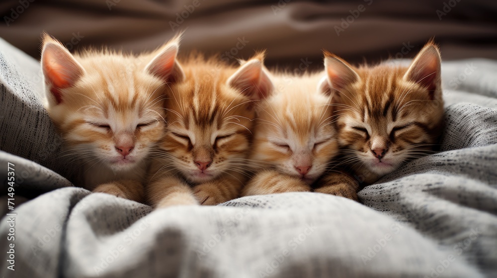 A group of kittens are sleeping on a bed A group of kittens are sleeping on a bed
