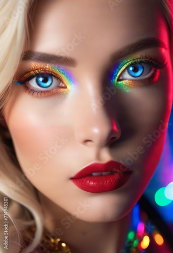 The image features a close-up of a woman with a bold makeup look  including multicolored glitter on her eyelids and lips. The woman s eyes are blue and she has blonde hair.