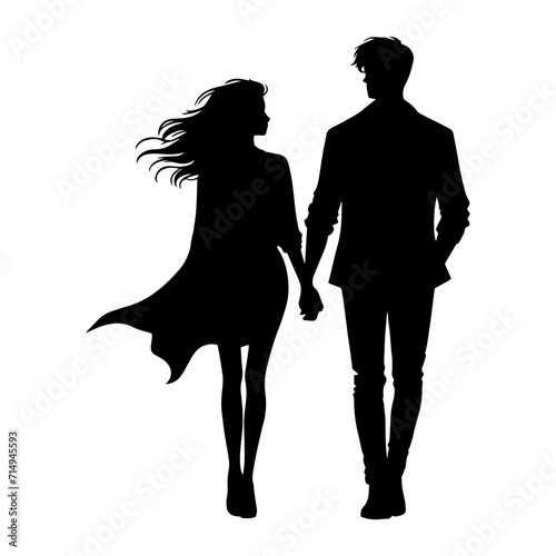 Vector illustration. Silhouette of a guy and a girl walking hand in hand. Date of lovers.