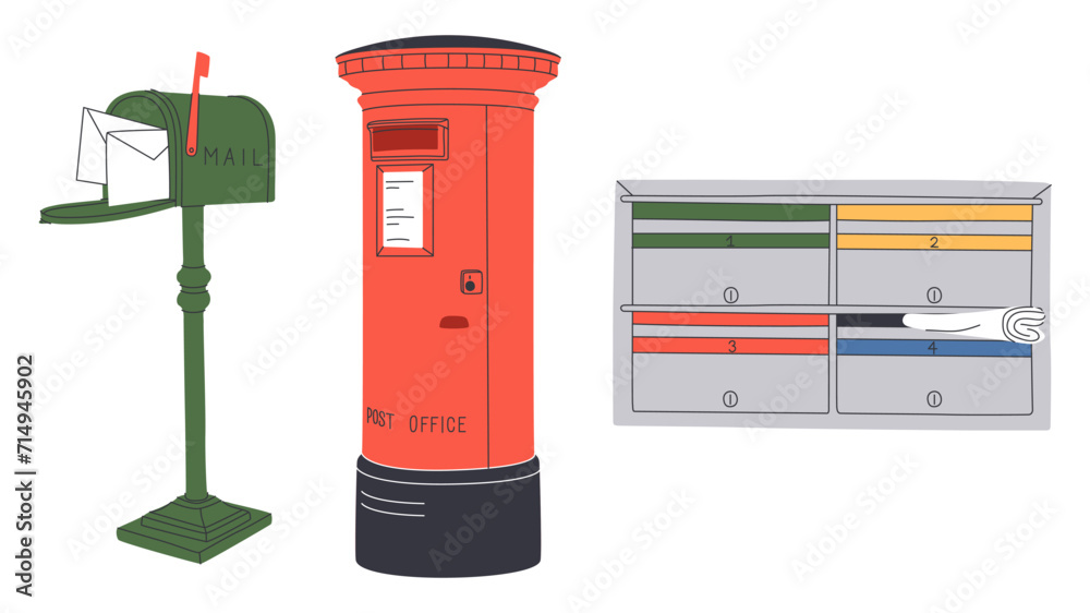 Mailboxes, Postal letterboxes set. Different postboxes, envelope with mail, pigeon, postcard. Hand drawn. - obrazy, fototapety, plakaty 