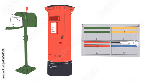 Mailboxes, Postal letterboxes set. Different postboxes, envelope with mail, pigeon, postcard. Hand drawn. photo