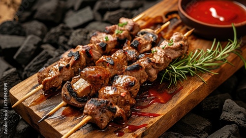 Homemade kebab with sauce and fried mushrooms on a cutting board with a background of charcoal for barbecue