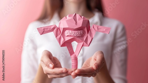 A woman holding a pink paper cutout of a uterus. Generative AI photo