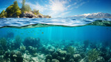 Split underwater view with sunny sky and serene sea, Ai generated image