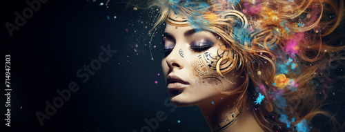 A fantasy-inspired image of a woman with a celestial theme, where cosmic elements and music notes blend into her flowing hair, portraying a dreamlike state of creativity and imagination
