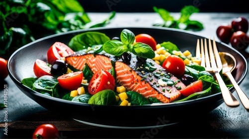 Indulge in culinary journey with this delectable image, where a perfectly grill fish steak takes center stage, accompanied by vibrant vegetables, creating a mouthwatering salad for delightful lunch