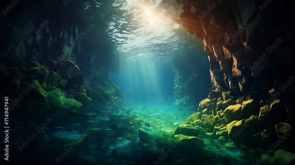 Sun Light into the Underwater Cave, Ai generated image