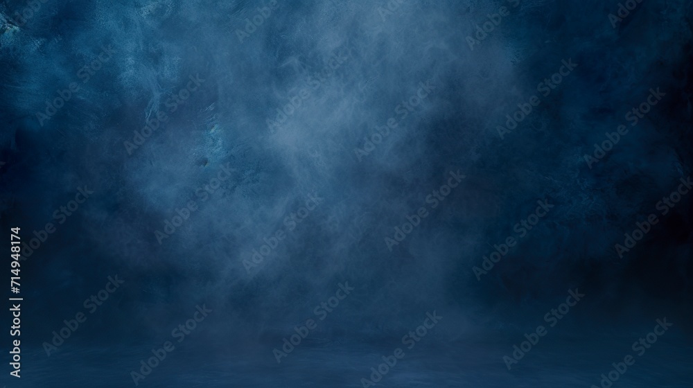 Dark blue abstract background in cyclorama style in misty atmosphere. Opulent setting of extra depth in misty dark blue color. - obrazy, fototapety, plakaty 