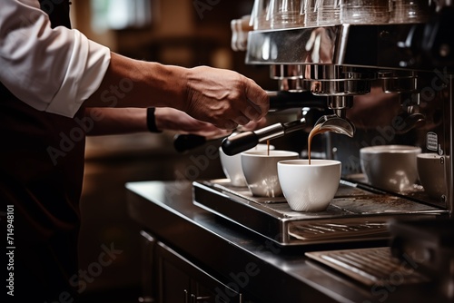 Closeup of waiter hands making coffee from the machine in coffee cafe 