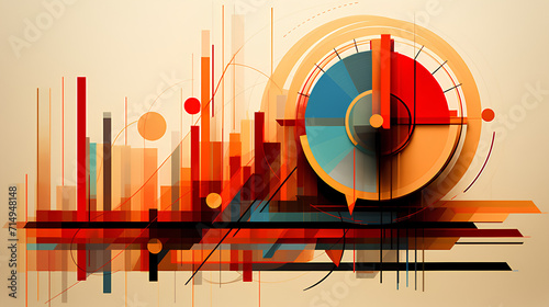 Contemporary Business Realities: Abstract Colorful Illustration with Graphic Objects and Geometric Figures Symbolizing Modern Concepts of Business, Time, and Money.
