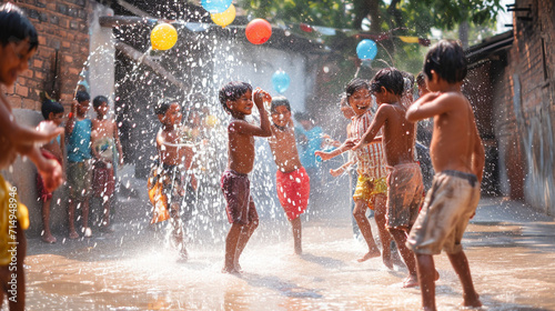 In a rural village, a group of children engages in a spirited water balloon fight, their vibrant water-soaked clothes mirroring the vivid colors of Holi. The simplicity of the scen