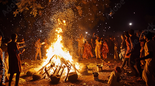 A Holi bonfire celebration at night, where people gather around a large fire, dancing to traditional music and throwing vibrant powders into the flames. The warm glow and energetic