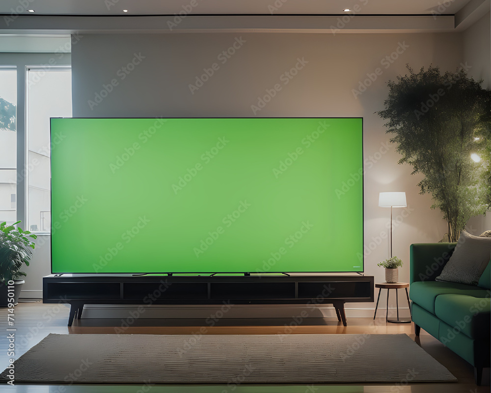 a living room with a green screen on the wall a living room with a green screen on the wall