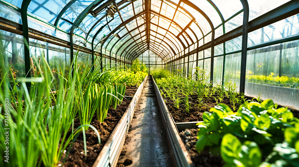 Agricultural greenhouse cultivation: A scene inside a greenhouse showcasing the cultivation of various plants