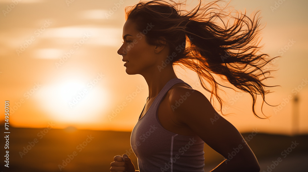 Jeune femme en tenue de sport faisant un jogging, avec un coucher de soleil en arrière-plan. Courir, sport, sportif, footing. Pour conception et création graphique - obrazy, fototapety, plakaty 
