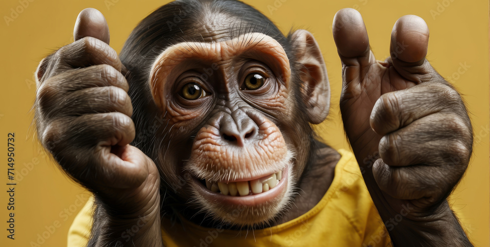 Φωτογραφία cheerful monkey smiles and shows a thumbs up to appreciate a good job or product