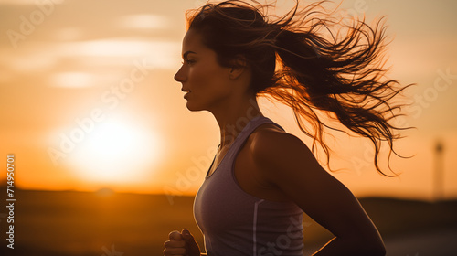 Jeune femme en tenue de sport faisant un jogging, avec un coucher de soleil en arrière-plan. Courir, sport, sportif, footing. Pour conception et création graphique photo