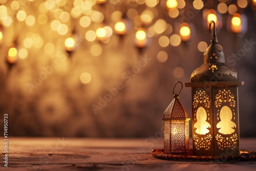 Ramadan Kareem greeting card with ornamental Arabic lanterns with burning candle glowing, invitation for Muslim holy month Ramadan Kareem, eid al fitr, eid al qurban, eid al adha © Sunny