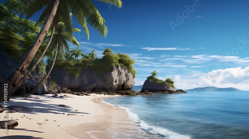 A secluded beach cove with fine white sand and azure waters, framed by rugged cliffs and a solitary palm tree
