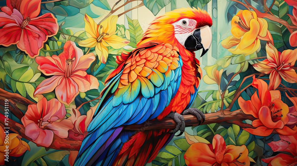 Obraz premium Tropical Rainforest background, rainforest foliage and the striking colors of a parrot, for a visually engaging and captivating composition Ai Generative