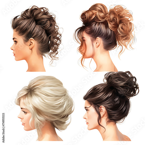 Set of fashion women s hairstyles on transparent background. PNG can be used as a guide for designing hairstyles.