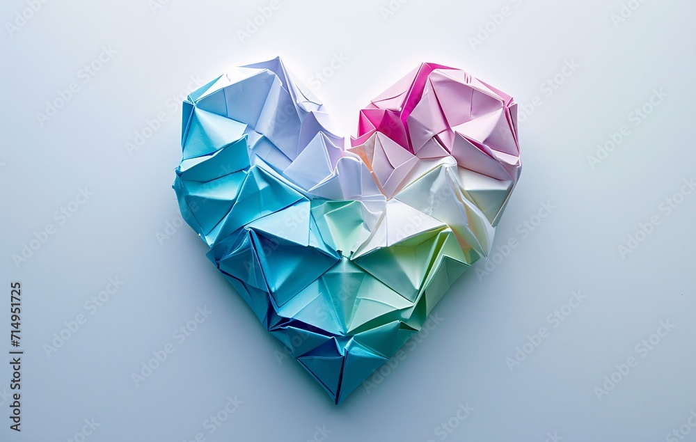 A colorful paper heart with a blue, green, and pink background. Generative AI