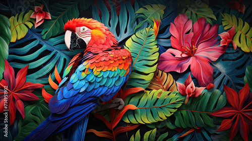 Tropical Rainforest background, rainforest foliage and the striking colors of a parrot, for a visually engaging and captivating composition Ai Generative