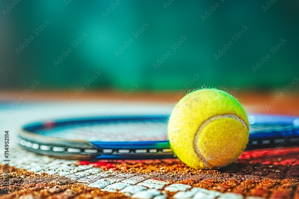Tennis. Sport composition with yellow tennis ball and racket on blurred dirt court background. Sport and healthy lifestyle. Concept of outdoor game sports. Close up, copy space