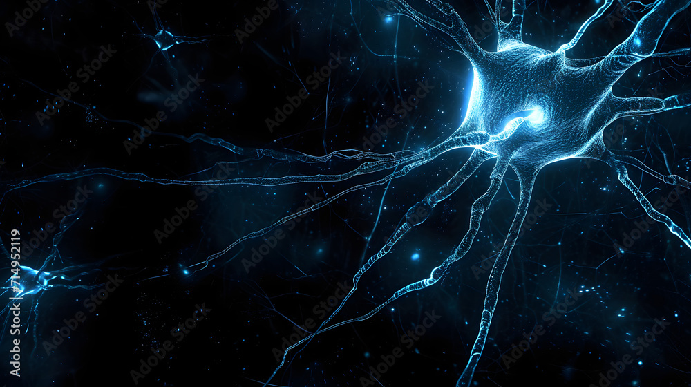 Artistic dark blue colored neuron cell in the brain on black illustration background. Artistic dark blue colored neuron cell in the brain on black illustration background.