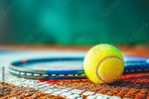Tennis. Sport composition with yellow tennis ball and racket on blurred dirt court background. Sport and healthy lifestyle. Concept of outdoor game sports. Close up, copy space © KRISTINA KUPTSEVICH