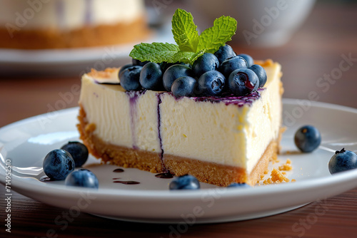 Piece of cheesecake with blueberries on white plate, closeup view