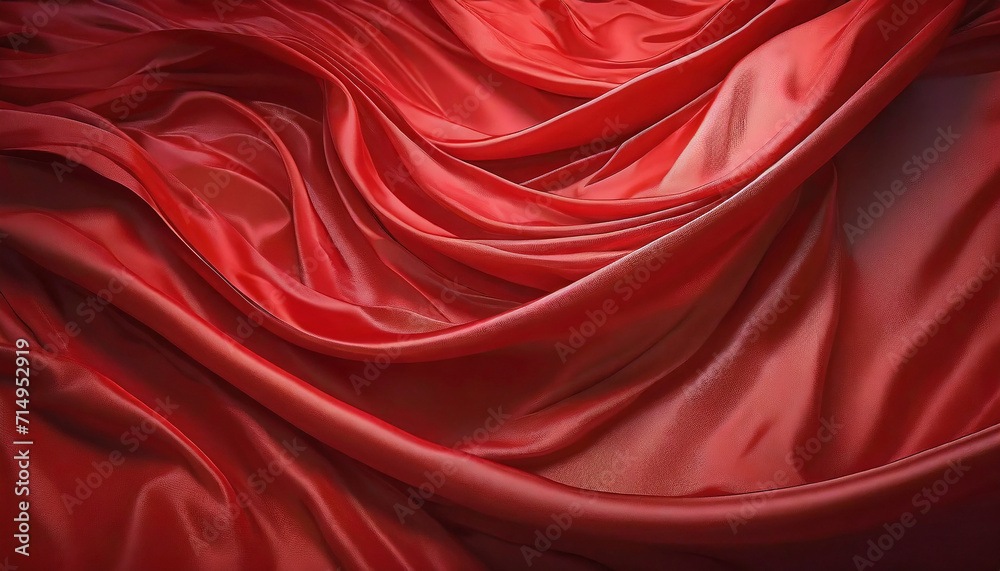 Obraz premium Flowing Elegant: Red Silk and Satin Fabric with Smooth Texture, Luxury Wave Pattern, and Shiny, Rippled Red Velvet Background for Fashion and Decoration, Perfect for Valentine's Day