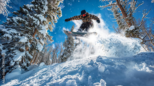 A snowboarder performs an aerial maneuver in a snow-covered environment. Snow-covered pine trees, a clear blue sky, and snowflakes add to the vibrant winter scene.