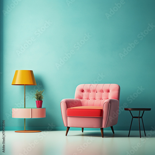 Vintage interior with  colorful, retro, cartoon style furniture photo