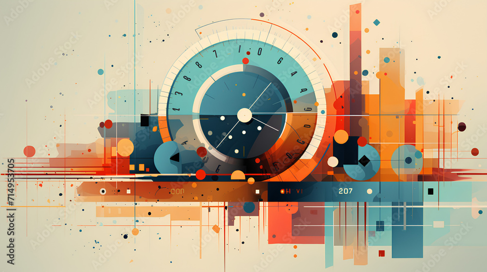 Fototapeta premium Contemporary Business Realities: Abstract Colorful Illustration with Graphic Objects and Geometric Figures Symbolizing Modern Concepts of Business, Time, and Money