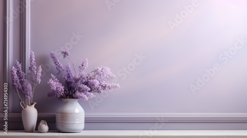 A soft lavender wall  gently lit  exuding a delicate and calming presence in an empty space.