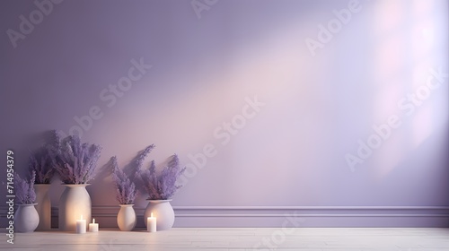A soft lavender wall, gently lit, exuding a delicate and calming presence in an empty space.