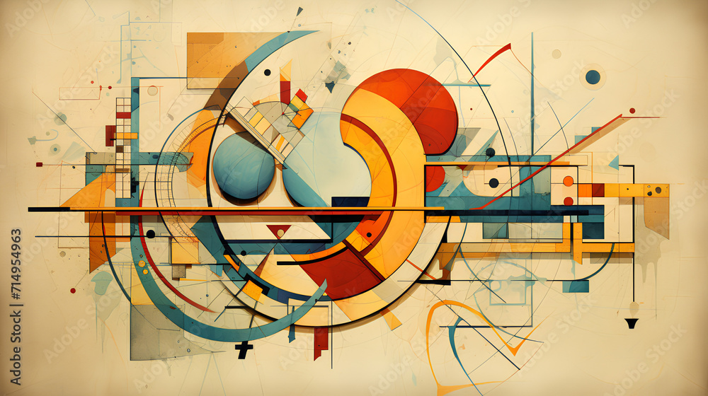 Fototapeta premium Vintage Aged Paper Background with Abstract Geometric Illustration and Retro Design Elements in Warm Earthy Tones and Patterns