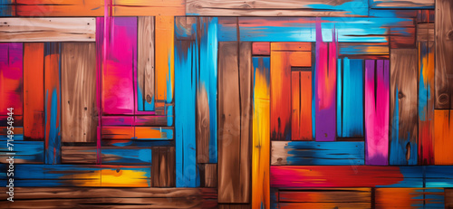 painted perpendicular wooden boards arranged in an artistic, random way with vivid colors in ultrawide background