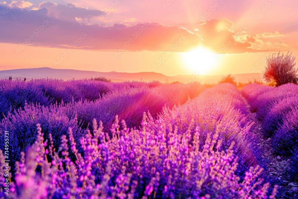 Naklejka premium A mesmerizing view of a lavender field during the golden hour of sunset