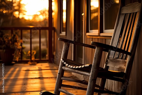 A solitary wooden rocking chair on a porch  bathed in the warm hues of a setting sun  inviting moments of reflection.