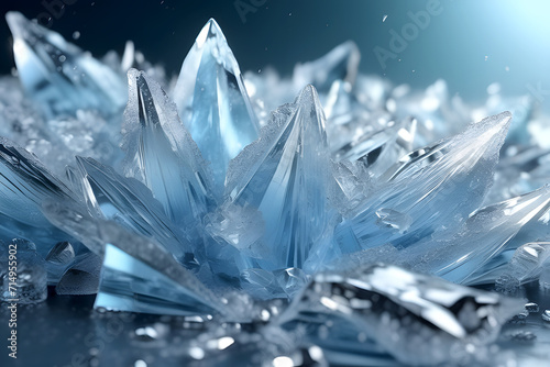 Light blue snowflakes of frost and ice, icebergs in polar regions, melting crystal cubes