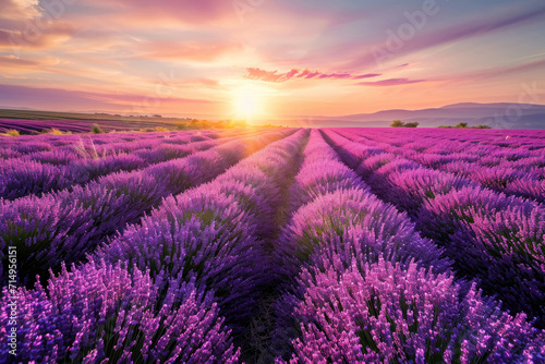 A mesmerizing view of a lavender field during the golden hour of sunset