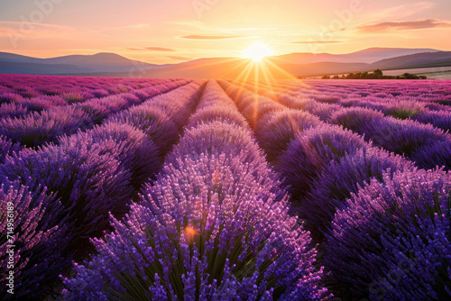 A mesmerizing view of a lavender field during the golden hour of sunset