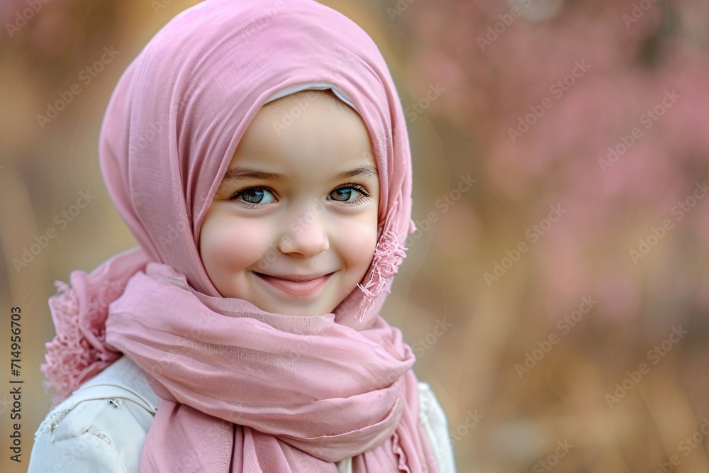 Little girl wearing a pink headscarf and smiling Generative AI Little girl wearing a pink headscarf and smiling Generative AI