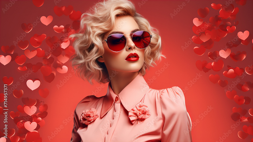 Blonde woman in sunglasses with heart, Greeting card for Happy Womens Day, Mother's day, Easter, Valentine day, Birthday. Springtime composition with copy space. Pink peach colours for the year 2024 Blonde woman in sunglasses with heart, Greeting card for Happy Womens Day, Mother's day, Easter, Valentine day, Birthday. Springtime composition with copy space. Pink peach colours for the year 2024