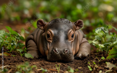 Baby hippo lying down on the ground. Generative AI