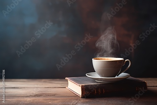 A stack of worn books and a steaming cup of coffee on a distressed wooden table, inviting moments of contemplation. Minimal background. Flat lay, top view, copy space.