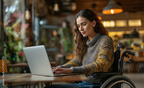 Woman in a wheelchair working on laptop, handicap and disability.